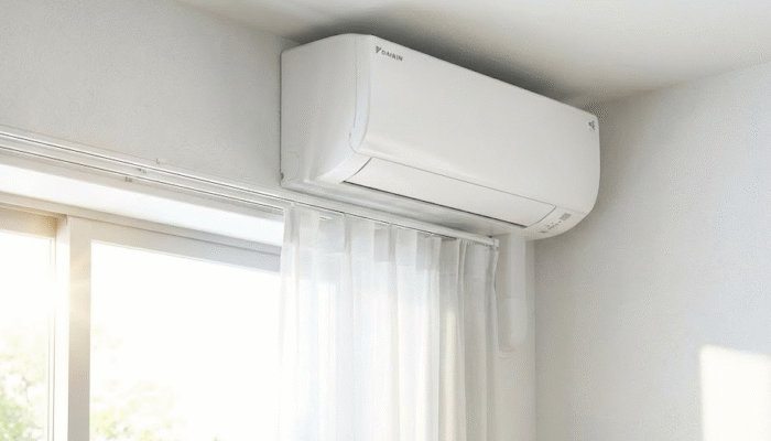 カーテンレールの上のスペースに取り付けられたエアコン